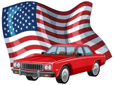 Amerikan bayrağının önünde, koyu renkler ve temiz çizgiler sergileyen klasik kırmızı bir arabanın vektör çizimi