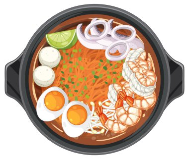 Karides, yumurta ve sebzeli Tayland Tom Yum çorbasının renkli bir temsili.