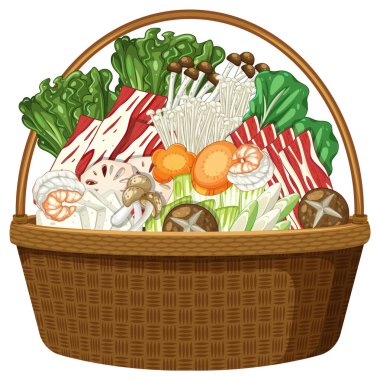 Çeşitli sebzeler, mantarlar ve yapraklı yeşilliklerle dolu dokuma sepetinin vektör çizimi. Parlak renkler, temiz çizgiler ve detaylı dokular gerçekçiliği artırır