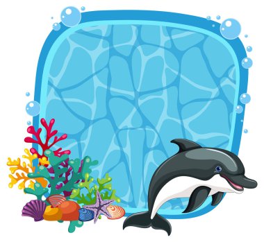 Yunus canlı mercanların ve deniz kabuklarının yanında yüzüyor.