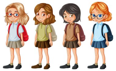 Okul üniformalı dört genç kızın vektör çizimi, her biri sırt çantası takıyor, neşeli ifadeler ve çizgi film stiliyle sırada duruyorlar.