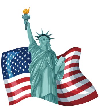 Amerikan bayrağıyla Özgürlük Anıtı 'nın vektör çizimi. Kalın renkler ve simgesel sembolizm özgürlüğü ve vatanseverliği vurguluyor
