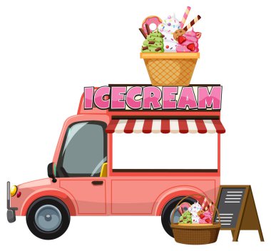 Üzerinde büyük bir waffle külahı ve sundae olan pembe bir dondurma kamyonunun vektör çizimi, canlı renkler, temiz çizgi film tarzı.