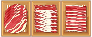 Ahşap tepsilerde dilimlenmiş et tasviri. Temiz, geometrik bileşimli kalın kırmızı ve beyaz renkler