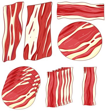 Kalın renkleri ve temiz çizgileri olan farklı et kesimlerini gösteren biçimlendirilmiş vektör illüstrasyonu