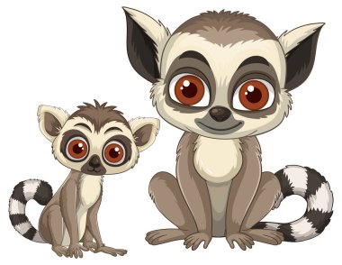 İki biçimlendirilmiş halka kuyruklu lemurun abartılmış gözleri yan yana oturur, beyaz arkaplanlı temiz, renkli bir vektör çizimine dönüşür.