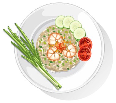 Salatalıklı ve domatesli Tayland karides salatasının renkli vektör çizimi, canlı renkler ve detaylı kompozisyon