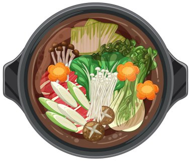 Canlı, sebzeli ve mantarlı Asya sıcak tenceresinin vektör çizimi, karmaşık detaylar ve zengin renkler sergiliyor.