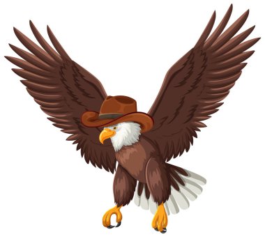 Kovboy şapkası takan bir kartalın detaylı bir çizimi, canlı renkler ve dinamik kompozisyon sergiliyor.