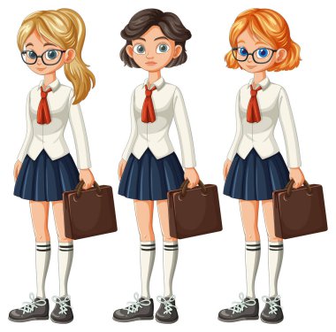 Üç karikatürist kız, birbirlerine uyumlu üniformalarla, kahverengi çantalarla, detaylı saçlarla ve vektör stili ifade edici yüzlerle yan yana duruyorlar.