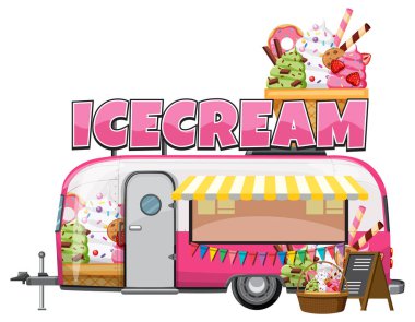 Tatlı, çizgili tente ve şenlikli dekorasyonlu pembe bir dondurma kamyonunun oyuncu vektörü..