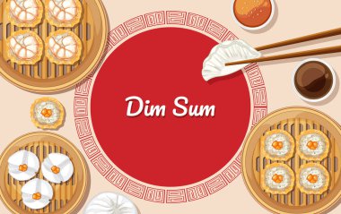 Kırmızı bir dairede çeşitli Çin mantıları, hamur köfteleri, çörekler ve çayın üst-alt vektörü.