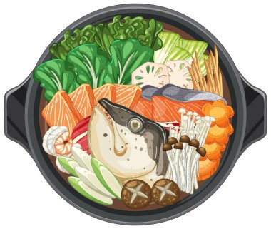 Tepesinde taze sebzeler, balıklar ve mantarlar olan Asya sıcak tenceresinin canlı vektör çizimi.