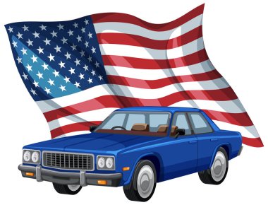 Amerikan bayrağı geçmişi olan, vatanseverliği ve nostaljiyi çağrıştıran klasik mavi bir arabanın vektör çizimi.
