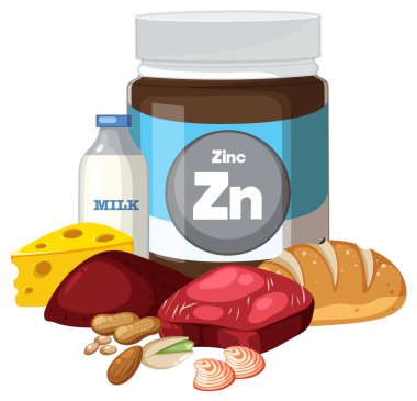 Çinko takviye kavanozunun vektör çizimi peynir, süt, ekmek, fındık, et ve deniz ürünleri ile.