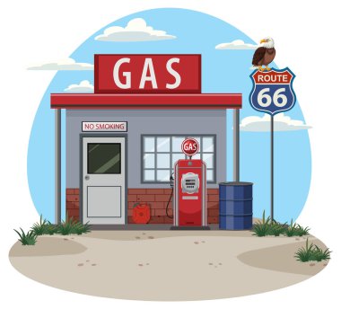 Otoyol 66 'nın eski yakıt pompası ve kartallı Retro vektörü..