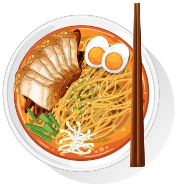 Erişteli, yumurtalı, domuzlu ve sebzeli ramen kasesinin en üst görüntüsü.