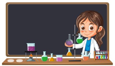 Laboratuvarda renkli kimyasallarla deneyler yapan bir kız.