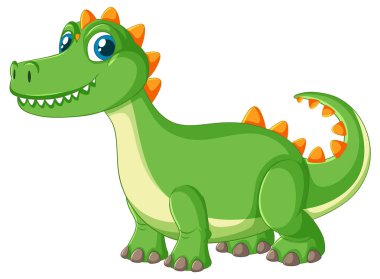 Büyük gözleri ve turuncu sivri uçlu parlak, temiz vektör tarzıyla oyuncu yeşil karikatür dinozor..