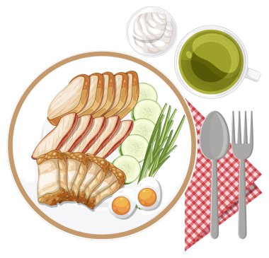 Domuz eti, yumurta, salatalık, çay ve çatal bıçak ile Asya kahvaltı tabağının vektör çizimi