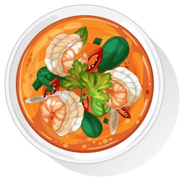 Karides, bitki ve aromatik baharatlı Tayland Tom Yum çorbasının renkli vektör çizimi.
