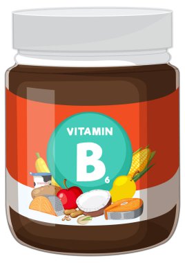 B6 vitamini takviye kavanozunun düz vektör çizimi. Çeşitli sağlıklı gıdalar, parlak renkler..