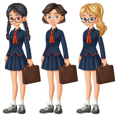 Donanma üniformalı üç kız ellerinde evrak çantası, beyaz arka planda vektör çizimleri var..