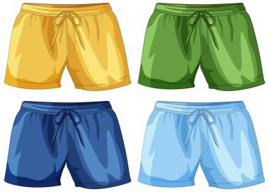 Sarı, yeşil, mavi ve açık mavi renkli dört canlı spor şortu, temiz vektör çizimi.