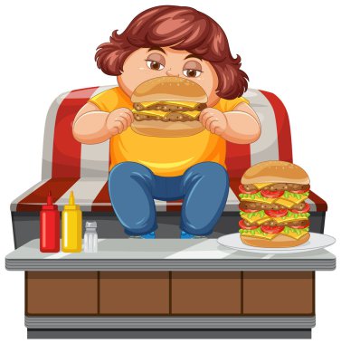 Kanepede hamburger yiyen çocuğun vektör çizimi, canlı renkler, düz çizgi film tarzı.