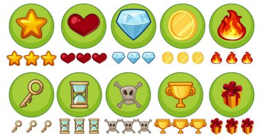 Yıldız, kalp, elmas, sikke, ateş ve kupalar da dahil olmak üzere oyun ödüllerinin vektör illüstrasyonu