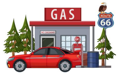 Otoyol 66 işareti, çam ağaçları, düz vektör stili olan klasik benzin istasyonunda kırmızı sedan..