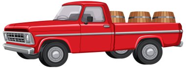 Yan görüşte tahta variller taşıyan klasik kırmızı bir kamyonetin cesur vektör çizimi..