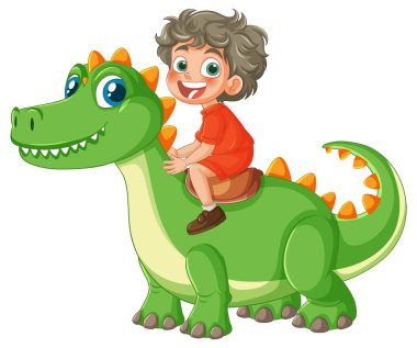 Kırmızı kıyafetli gülümseyen çocuk neşeli yeşil dinozora biniyor renkli, oyuncu vektör karikatür çizimi.