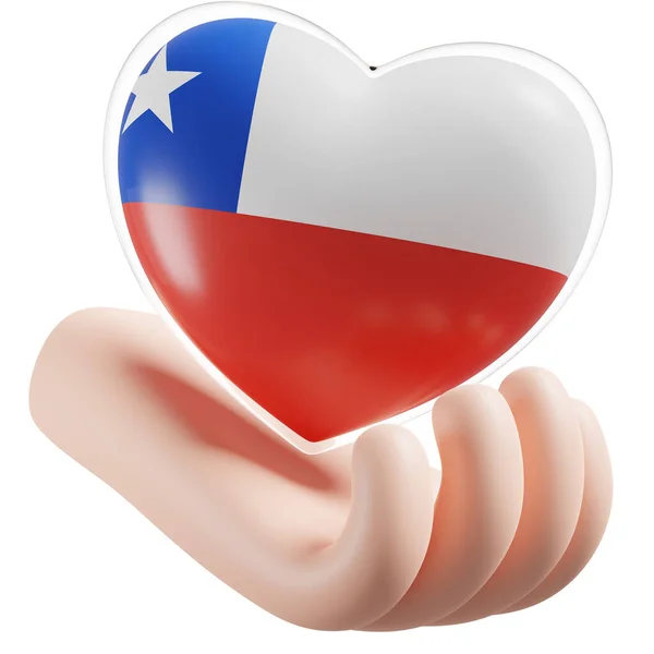 Chile flag with heart hand care realistic 3d textured