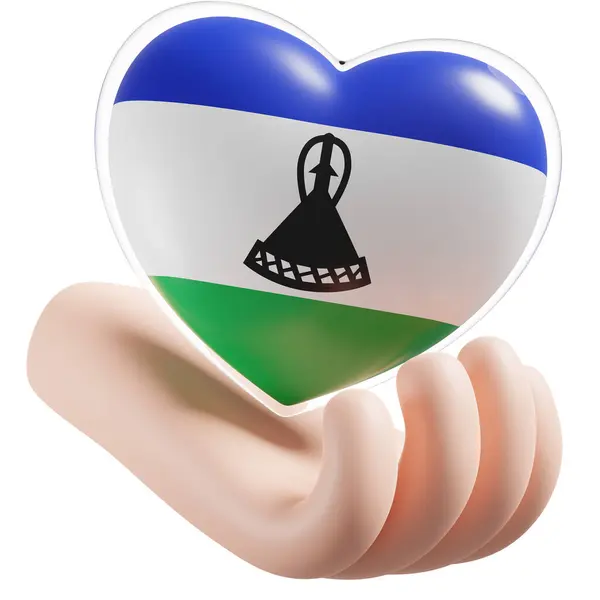Lesotho flag with heart hand care realistic 3d textured