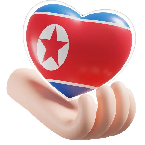 North Korea flag with heart hand care realistic 3d textured