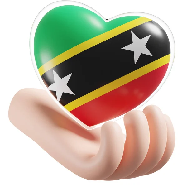 Saint Kitts and Nevis flag with heart hand care realistic 3d textured