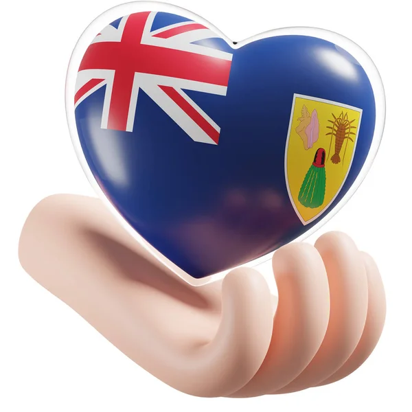 Turks and Caicos Islands flag with heart hand care realistic 3d textured