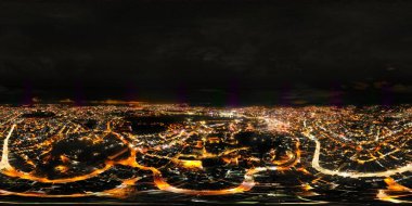 360 Panorama of Glowing Nighttime Cityscape in Da Lat City, Vietnam: A Captivating View of Illuminated Streets and Skyscrapers under the Starry Night Sky