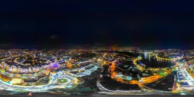 360 Panorama of Vibrant Nightlife in Da Lat City, Vietnam: A Stunning View of City Lights Reflected on Xuan Huong Lake with Da Lat Market Bustling in the Background