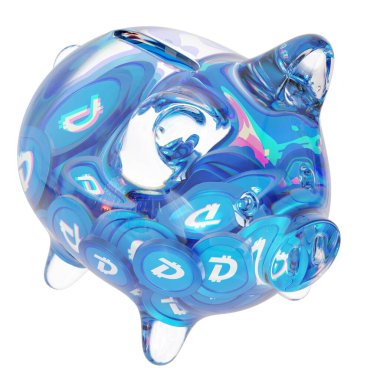 DigiByte (DGB) Clear Glass piggy bank with decreasing piles of crypto coins. Saving inflation, financial crisis, and losing money concept. 3d illustration