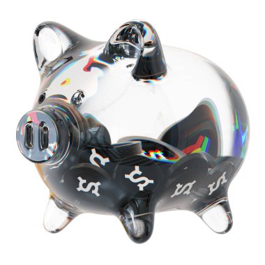 Frax Share (FXS) Clear Glass piggy bank with decreasing piles of crypto coins. Saving inflation, financial crisis, and losing money concept. 3d illustration