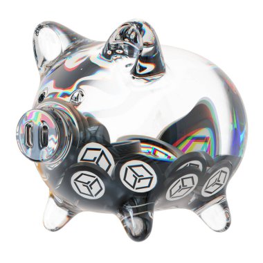 Gala (GALA) Clear Glass piggy bank with decreasing piles of crypto coins. Saving inflation, financial crisis, and losing money concept. 3d illustration