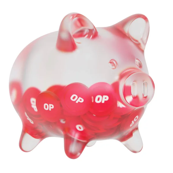 Optimism (OP) Clear Glass piggy bank with decreasing piles of crypto coins. Saving inflation, financial crisis, and losing money concept. 3d illustration