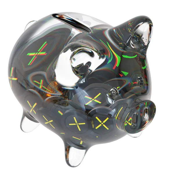 Pundi X (PUNDIX) Clear Glass piggy bank with decreasing piles of crypto coins. Saving inflation, financial crisis, and losing money concept. 3d illustration