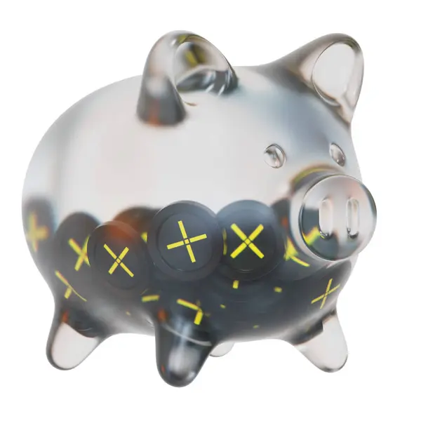 Pundi X (PUNDIX) Clear Glass piggy bank with decreasing piles of crypto coins. Saving inflation, financial crisis, and losing money concept. 3d illustration