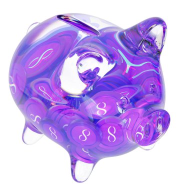 SingularityNET (AGIX) Clear Glass piggy bank with decreasing piles of crypto coins. Saving inflation, financial crisis, and losing money concept. 3d illustration