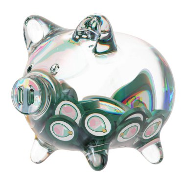 Smooth Love Potion (SLP) Clear Glass piggy bank with decreasing piles of crypto coins. Saving inflation, financial crisis, and losing money concept. 3d illustration