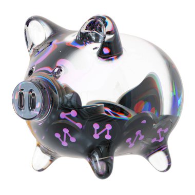 Synapse (SYN) Clear Glass piggy bank with decreasing piles of crypto coins. Saving inflation, financial crisis, and losing money concept. 3d illustration