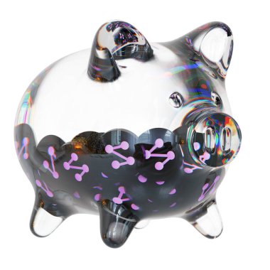 Synapse (SYN) Clear Glass piggy bank with decreasing piles of crypto coins. Saving inflation, financial crisis, and losing money concept. 3d illustration